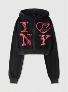 ROMWE MEN Street Life Valentine/Love/Couples/Heart/XOXO/Kisses/Hugs And Kisses/Be Mine/Babe/Baby/Kiss/Lip/Heart/Cupid/Angel/Rose/Smile/Butterfly/Cherry/Strawberry/3D Rose/Flower/Bow Print Men Long Sleeve Short Zip-Up Hoodie For Couples, Autumn/Winter - Black - View 1