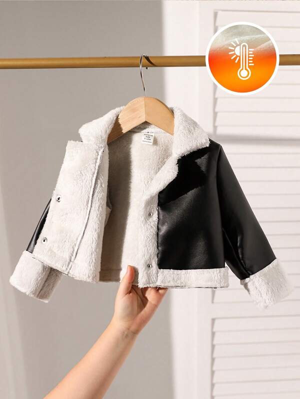 SHEIN معطف بغطاء برأس من الفرو للأطفال البنات في الشتاء، كاجوال بألوان متباينة