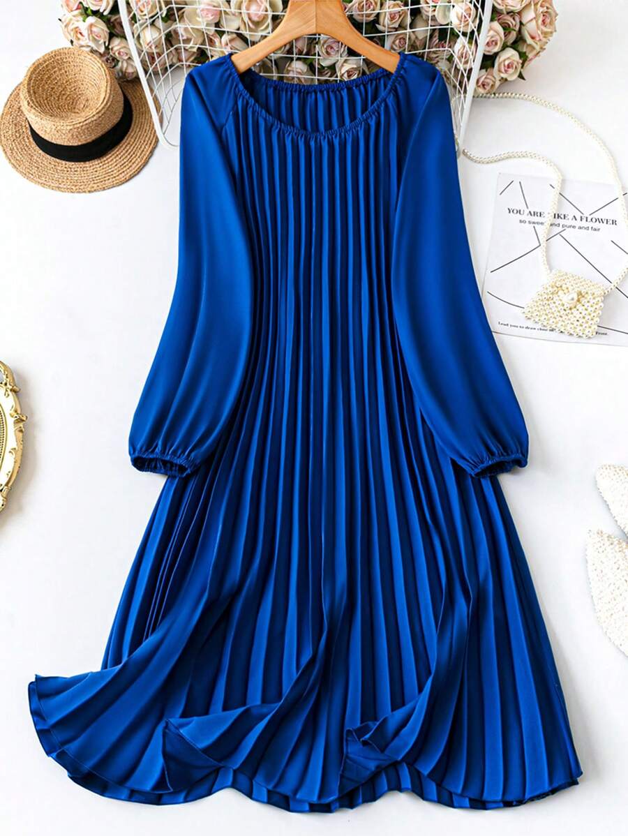 DreamSkyne Plus Size Women's A-Line Pleated Lantern Sleeve Dress Fall Cloth For Women - Royal Blue - View 1