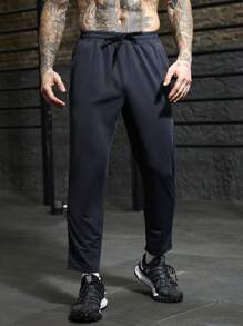 Manfinity Sport Corelite Boyfriend Style Men's Solid Color Drawstring Sports Pants, Simple & Fashionable Casual Daily Wear Sweat Pants - Navy Blue - View 5