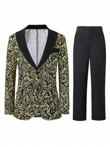 SHEIN Tween Boy All-Over Print Single Breasted Long Sleeve Suit Jacket And Solid Color Trousers Gentleman Suit Set, Formal Suit For Gala, Luxury Party Outfit