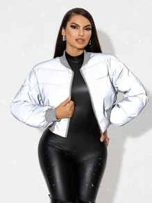 SHEIN SXY 休闲反光短款女士厚棉衣，秋冬 - 灰色 - 查看 3