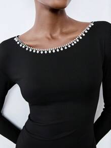 Chiquease Vestido de manga larga, hombros descubiertos, cadena de perlas, elegante, sexy, casual/de oficina, de media longitud, para mujer, de material de punto elástico de unicolor, de primavera/otoño