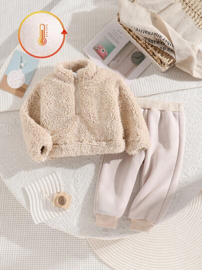 SHEIN 男婴纯色羊毛拉链连帽衫和松紧腰裤套装，休闲装，秋冬