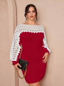 Celure Plus Size Elegante Color Block Kant Patchwork Asymmetrische Kraag Getailleerde Trui Jurk Voor De Herfst