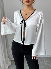 Elenzga 1pc Women's V-Neck Bowknot Tie Cuff Satin Blouse With Flared Sleeves Fall Cloth For Women - White - View 6
