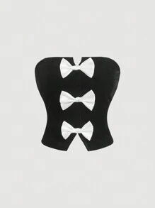 SHEIN MOD 无肩带黑色优雅天鹅绒上衣，正面饰有蝴蝶结，新年上衣，短款上衣，上衣，派对女士服装 - 黑色 - 查看 1