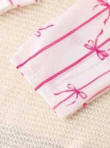 2 件套少女粉色简约时尚蝴蝶结和丝带图案长裤和长袖休闲舒适睡衣套装 - 粉色 - 查看 3