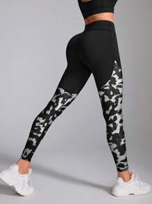 Fashionable Print Patchwork High Waist Leggings - Black and White - View 2
