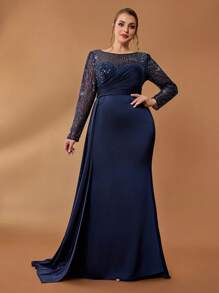 Serin Plus Size Blue Beaded Mother Of The Bride Dress - Navy Blue - View 5