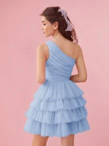 Enchnt Asymmetric Ruched Layered Ruffle Mesh Dress