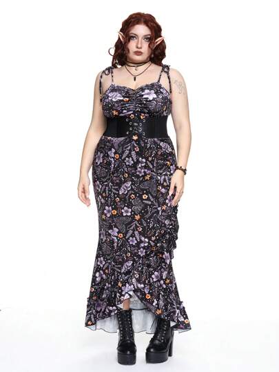 Fairycore Vestido de tirantes con estampado de polilla floral oscuro y romántico vintage, inspirado en una bruja, talla grande para mujeres, color púrpura misterioso