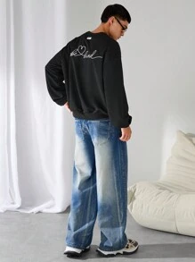 Manfinity INSISELF Letter Embroidery Loose Round Neck Black Long Sleeve Pullover Sweatshirt, Autumn/Winter Going Out Crew Neck Black Letter Long Sleeve Sweatshirt, For Friends, Husband, Boyfriend Gifts
