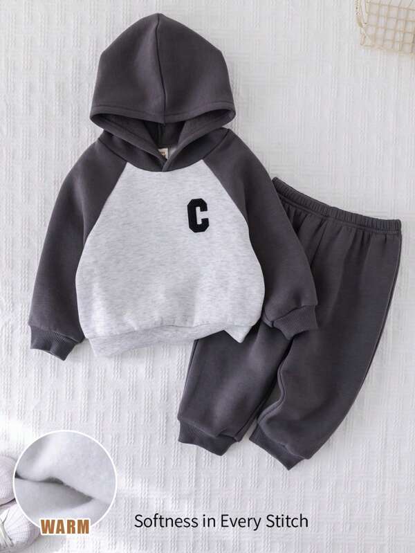 Cozy Pixies 2pcs Baby Boys Hoodie Sweatshirt With Color Block Decorative Patches & Elastic Waist Pants Set