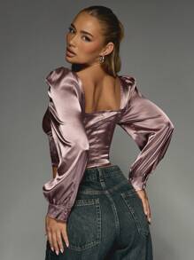 MISSGUIDED Satin Frill Trim Detail Balloon Long Sleeves Square Neck Blouse - Dusty Pink - View 2
