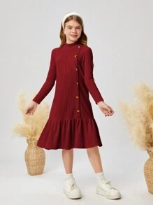 SHEIN Leap Crew Tween Girl 休闲羊毛罗纹高领拼布荷叶边下摆纽扣装饰中长连衣裙 - 酒紅色 - 查看 6