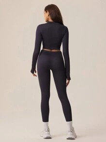 Lifespree Women Sporty Set Zippered Solid Color Fitted Crop Top & Leggings - Grey - View 2