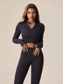 Lifespree Women Sporty Set Zippered Solid Color Fitted Crop Top & Leggings - Grey - View 3