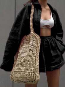 INAWLY 2pcs/Set Women Front Button Long Sleeve Top And Shorts, Minimalist Style - Black - View 3