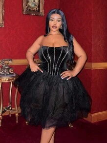 Slaydiva Elegant Rhinestone Decor Black Strapless Party Dress, Suitable For Holidays, New Year, Valentine's Day, Plus Size - Black - View 7