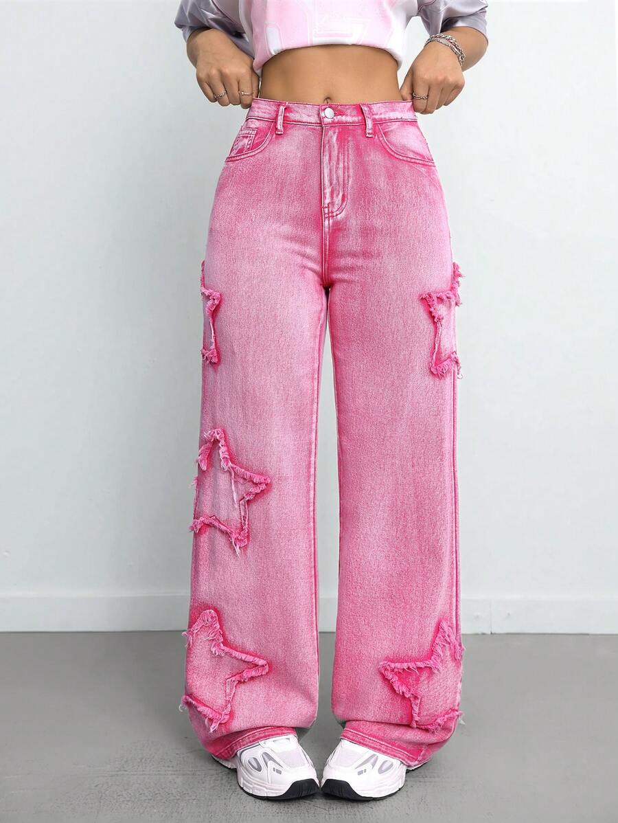 SHEIN Tall Women's Jeans Raw Edge Star Pattern Denim Blue Loose Straight Leg Pants Back To School Fall Women Clothes Women Bottoms Mid Rise Jeans Straight Leg Jeans Y2k Jeans Straight Jeans First Day Of School Women Jeans - Pink - View 1