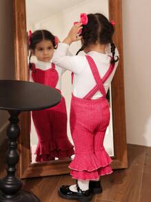 SHEIN Baby Girls High Neck Solid Knitting Top And Velvet Heart Shaped Flared Pants Set, Autumn