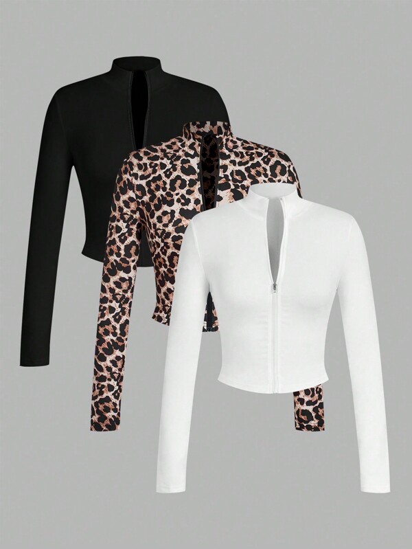 Slaydiva 3 bucăți/set tricou de damă, casual, simplu, toamnă-iarnă, cu decolteu în V, elastic, cu jumătate de fermoar, mâneci lungi strâmte - alb, negru, model leopard
