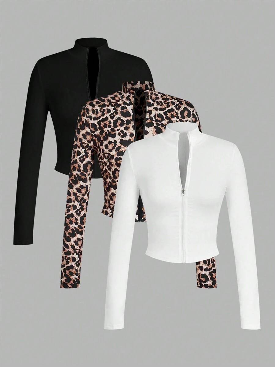 Slaydiva 3 件/套简约休闲女式秋冬 V 领弹力半拉链 T 恤，紧身长袖 - 白色、黑色、豹纹图案 - 彩色 - 查看 1