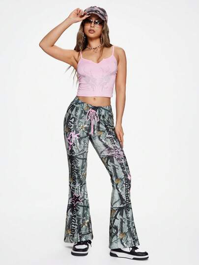 Fairycore Pantalon en maille évasé à imprimé camouflage et graffiti
