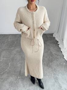 Calvaya Conjunto de 2 piezas de falda larga de unicolor con cordón y suéter de punto para mujer, otoño/invierno
