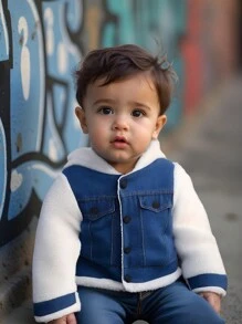 Baby Boy Contrast Color Long Sleeve Denim Patchwork Plus Fleece Thick Hooded Jacket, Clothes Autumn/Winter - Multicolor - View 7