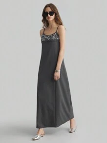 Ontre Grey Beaded Embroidery Sleeveless Dress, New Year & French Style Long Linen Slip Dress, Women's Long Dress, Grey Bead Embellished Sleeveless Dress For Autumn & Winter Clothing And Party Dress