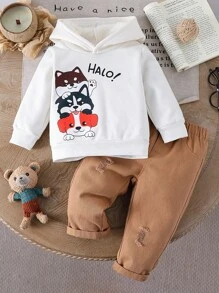 Baby Boy Girl Autumn Cute White Puppy Print Hooded Sweatshirt & Jeans Set,Fashionable Long-Sleeved Family Matching Outfit For Kids Parties,2pcs - Apricot - View 4