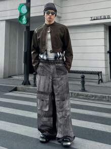 Manfinity VCAY Men's Woven Casual Loose PU Leather Jacket, Fashion Daily Wear Going Out Long Sleeve Lightweight Jacket, For Friends, Husband, Boyfriend Gifts, For Fall Winter - Brown - View 4