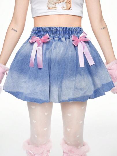 Kawaii Women's Cute Ribbon Bow Embellished Flared Denim Skirt
