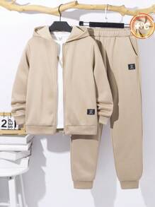 SHEIN Bộ 3 áo khoác dệt kim thoải mái thường ngày cho bé trai tuổi mới lớn, áo phông và quần - Màu Khaki - Xem 7