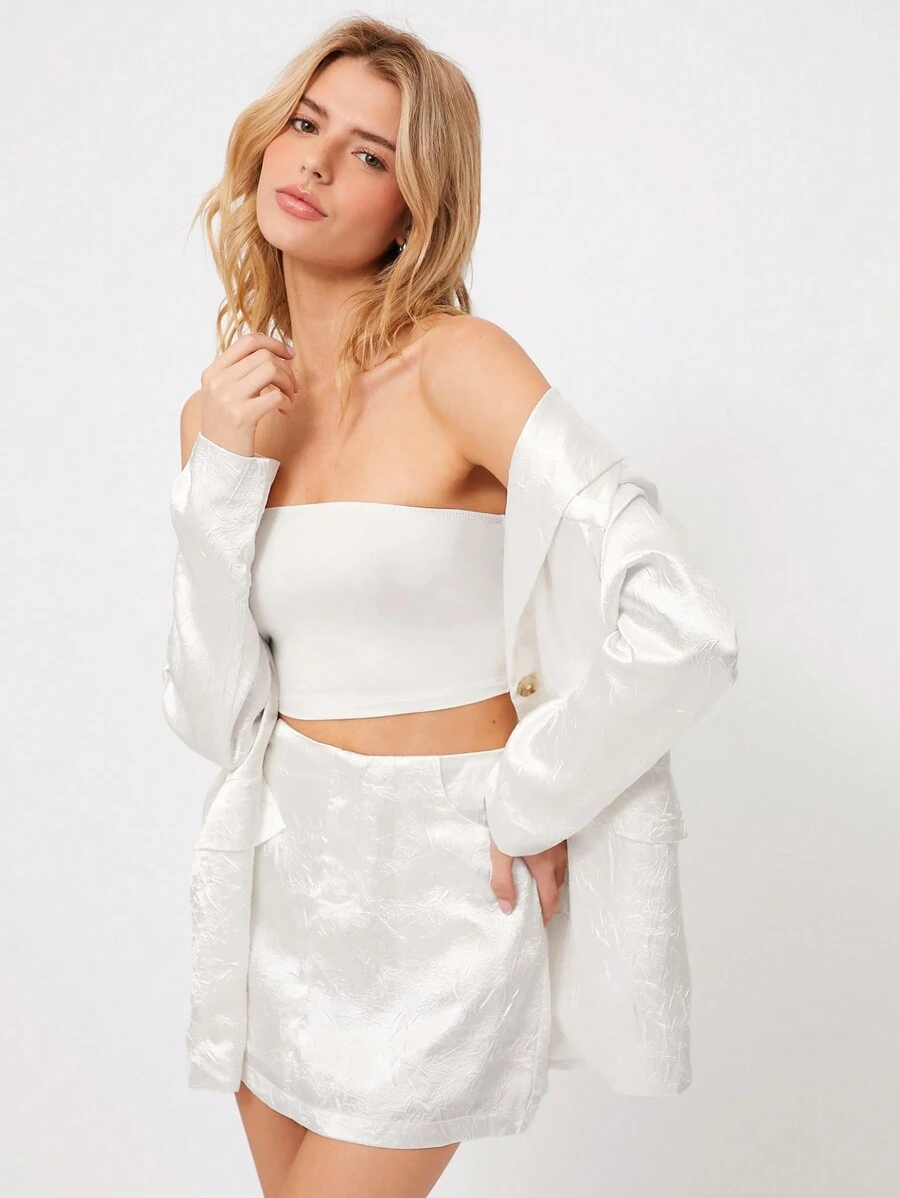 SHEIN EZwear بذلة سهرة نسائية فضفاضة كاجوال، بسترة بدنية لامعة وبنطال ذو ساق واسعة، باللون الأسود - أبيض - مشاهدة 1
