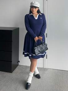 Flirla Plus Size Sweet & Spicy Color Block Long Sleeve Dress, College Style - Navy Blue - View 5