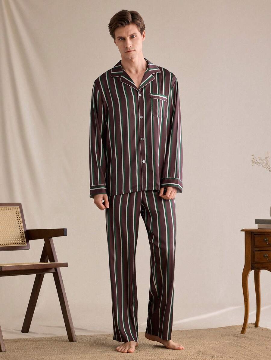 EverLounge Men's Comfortable Striped Front Button Pajama Set, Autumn Home Wear - Multicolor - View 1