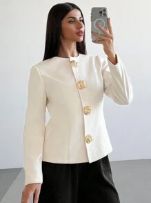 Firerie Nueva chaqueta de estilo elegante y sofisticado para oficina de otoño/invierno, color beige con botones metálicos en el cuello