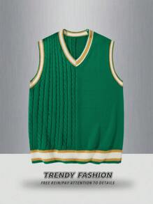 Manfinity EZcore Men's Striped V-Neck Casual Loose Knit Vest, Autumn/Winter