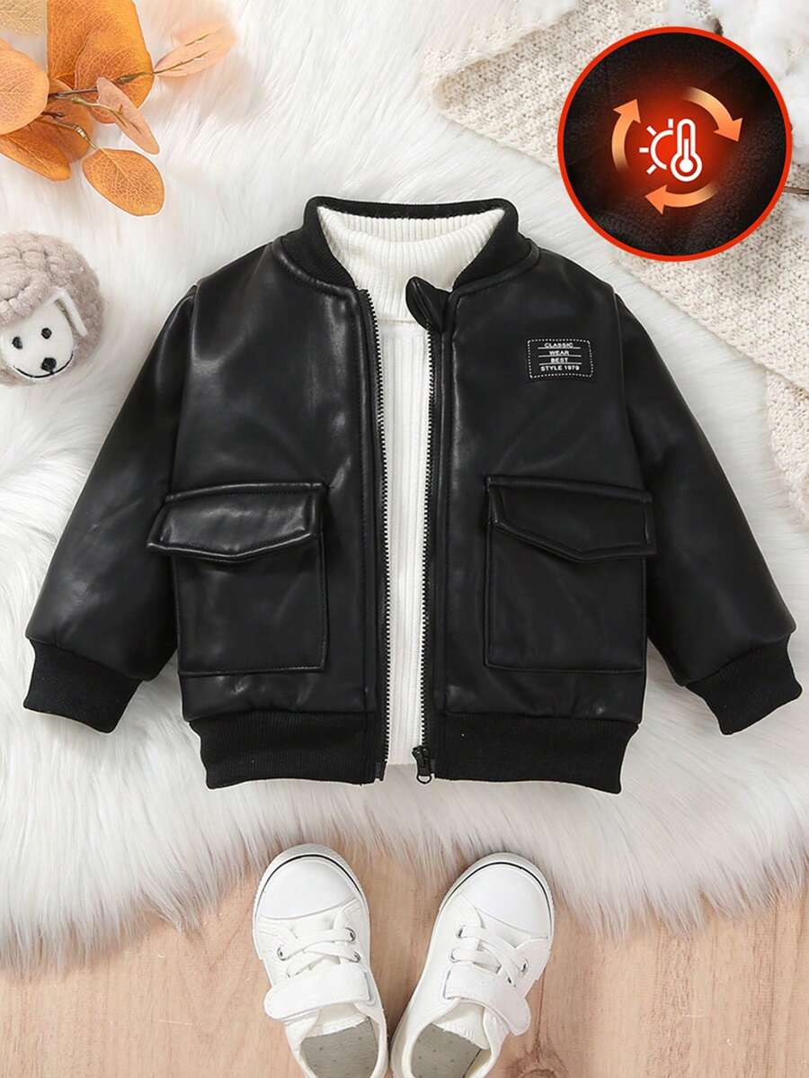 Đứa bé trai Vá chữ cái Lông cừu Áo khoác bóng chày - màu đen - Xem 1