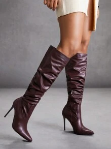 CUCCOO SZL 女士时尚性感尖头细高跟长靴，酒红色，适合圣诞节和新年假期氛围秋冬情人节春季鞋 - 酒紅色 - 查看 4