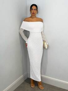 SHEIN BAE Váy dài tay ôm vừa vặn vải jacquard hở vai màu mơ, thích hợp cho những buổi hẹn hò lãng mạn và kỳ nghỉ - trắng - Xem 5