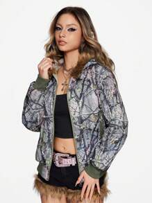 ROMWE Fairycore Vintage Bare Branch & Leaf Print Padded Coat - Green - View 4