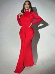 Viva Relle 大码女式派对礼服撞色蕾丝紧身长袖连衣裙新年服装长款女式服装 - 紅色 - 查看 5