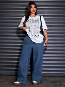 SHEIN ICON Plus Size Leopard Print Heart Patch Wide-Leg Jeans