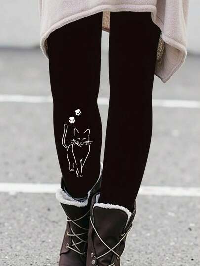 EMERY ROSE Women's Cat Printed Leggings, Suitable For Autumn And Women's Clothing Fall Cloth For Women