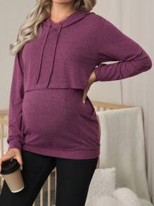 SHEIN Pregnant Women Solid Color Long Sleeve Drawstring Hooded Pocket Breastfeeding Casual T-Shirt - Burgundy - View 3