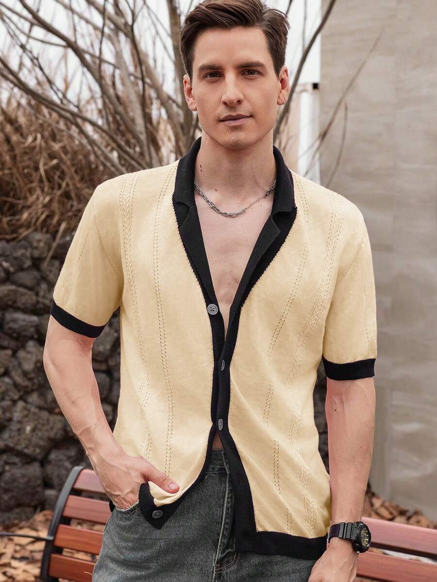 Manfinity Homme Men's Solid Color Splicing Front Button Casual Short Sleeve Knit Top - Apricot - View 1